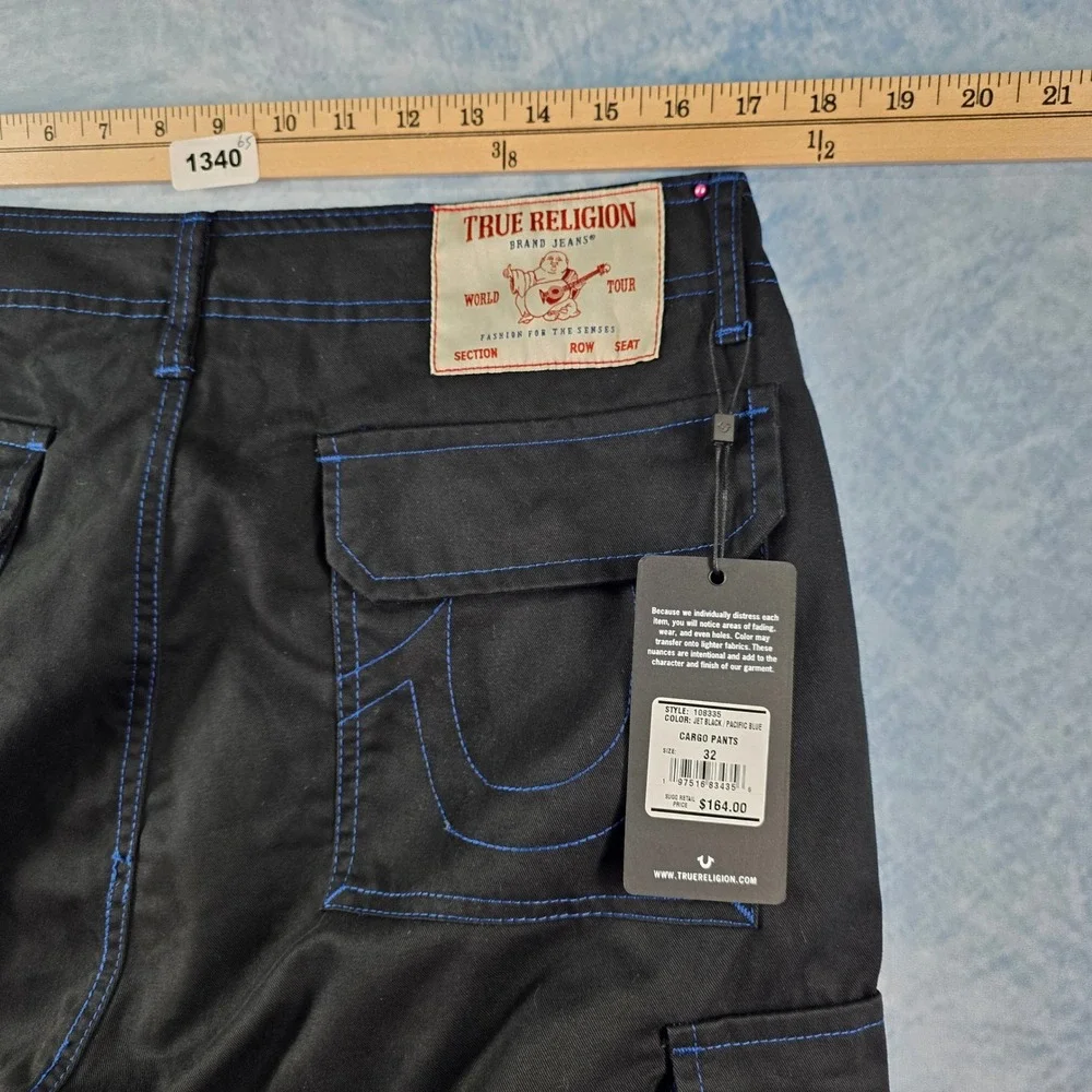 True Religion Mens Cargo Pants Jet Black‎ Pacific Blue Stitch 108335 Size 32 NWT